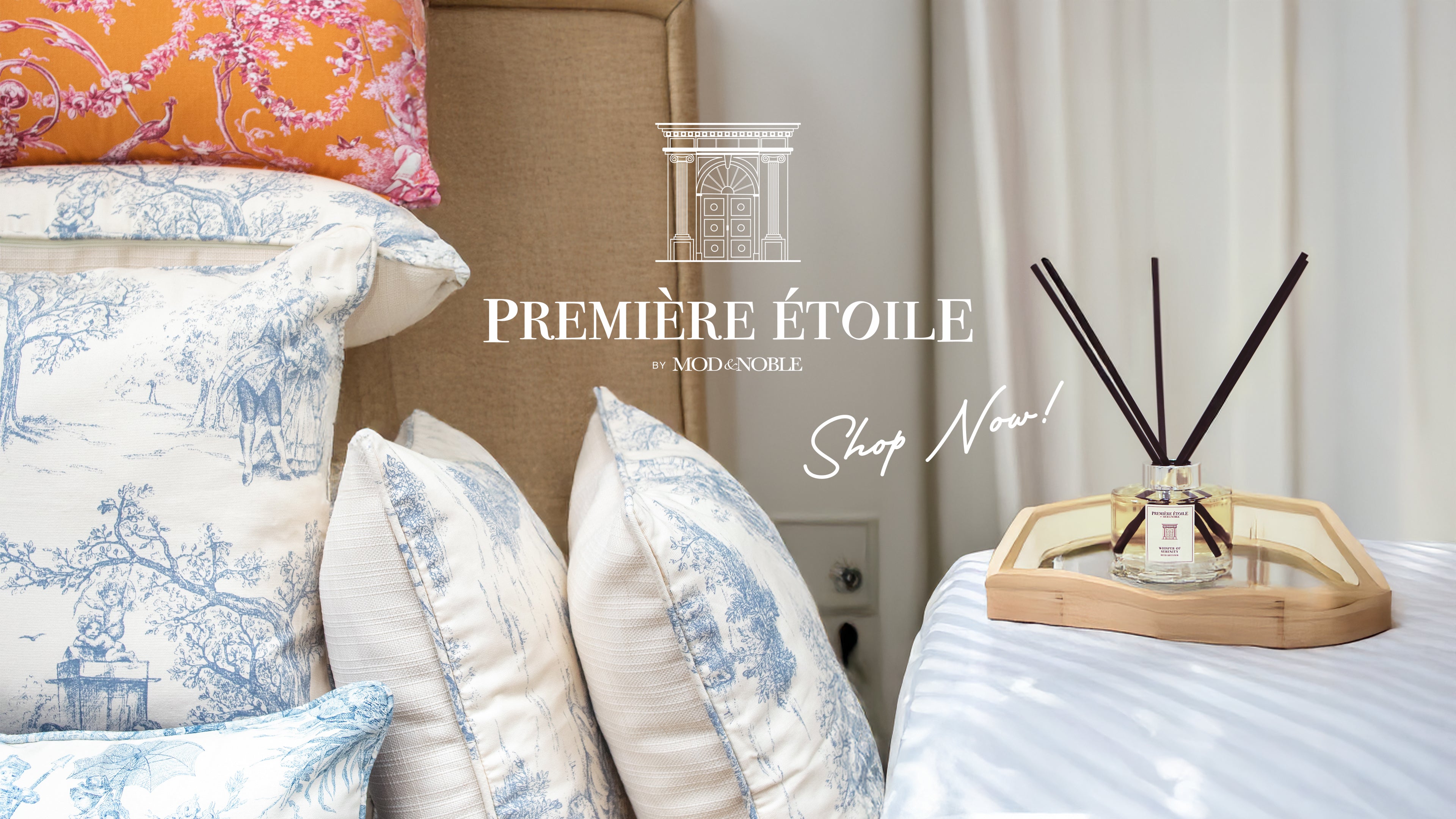 Bedroom styling with Première Étoile decorative pillows, upholstered headboard, and reed diffuser by Mod and Noble Design Studio